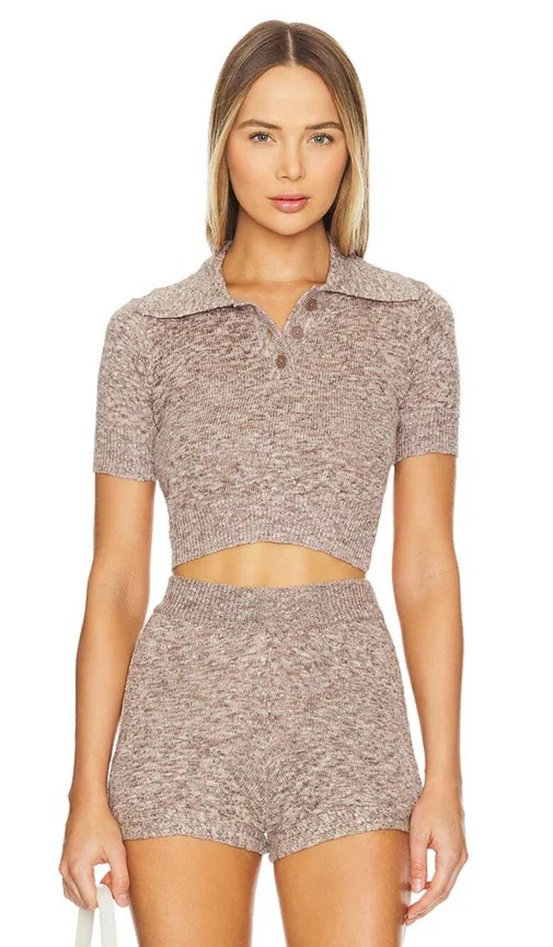 Lovers & Friends Rosalie Brown Linen Crop Polo Sweater Shorts Set Small